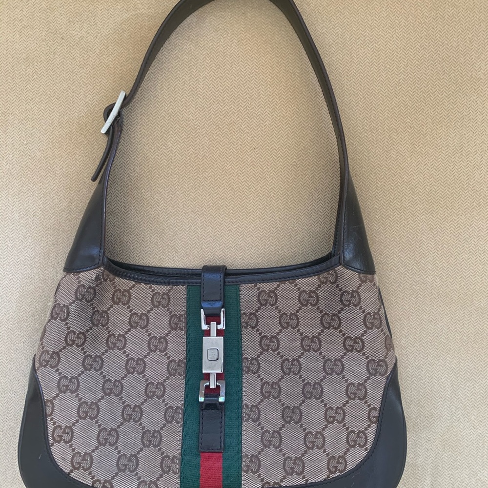 Monogram Web Jackie O Hobo Authentic Gucci Shoulder Bag with clasp.